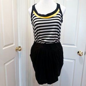 Jersey Tank Dress/ Black, White Striped Skater Dress / Pockets / Medium / Y2K